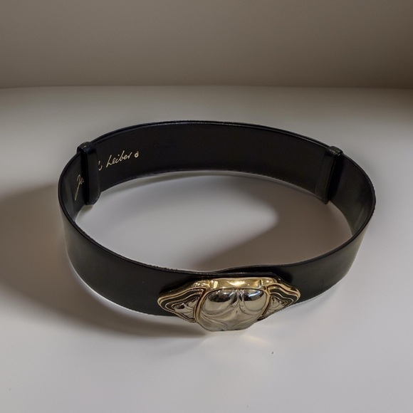 Judith Leiber black leather belt with gold/silver details